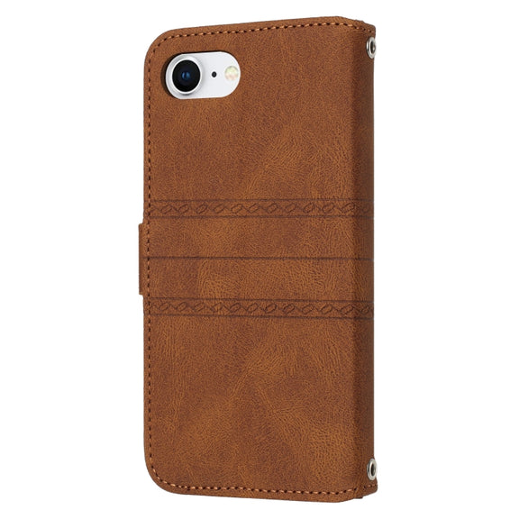 For iPhone 16e Embossed Stripes Skin Feel Leather Phone Case(Brown)