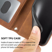 For iPhone 16e Embossed Stripes Skin Feel Leather Phone Case(Brown)