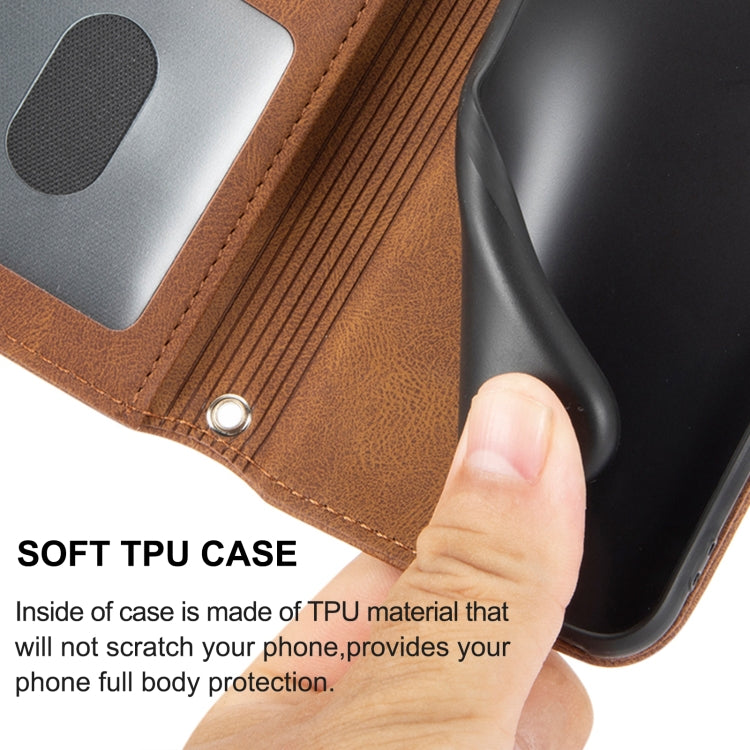 For iPhone 16e Embossed Stripes Skin Feel Leather Phone Case(Brown)