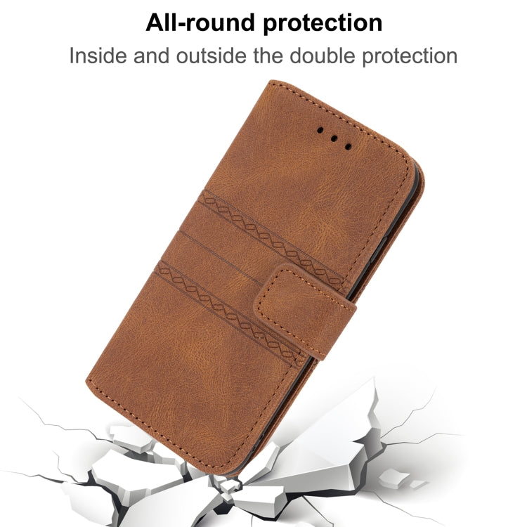For iPhone 16e Embossed Stripes Skin Feel Leather Phone Case(Brown)