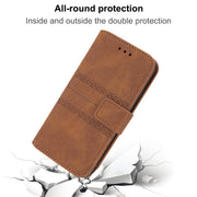 For iPhone 16e Embossed Stripes Skin Feel Leather Phone Case(Brown)