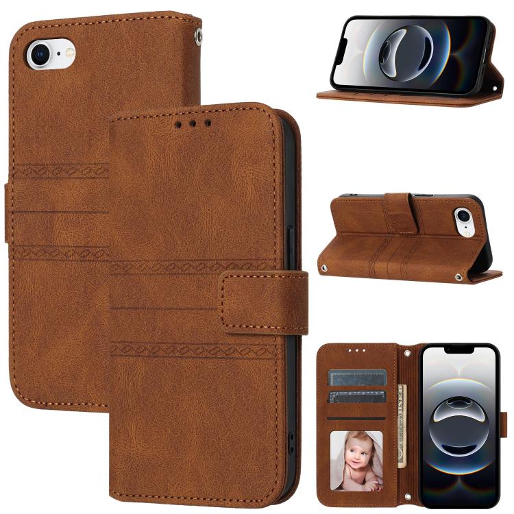 For iPhone 16e Embossed Stripes Skin Feel Leather Phone Case(Brown)