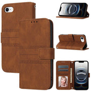 For iPhone 16e Embossed Stripes Skin Feel Leather Phone Case(Brown)