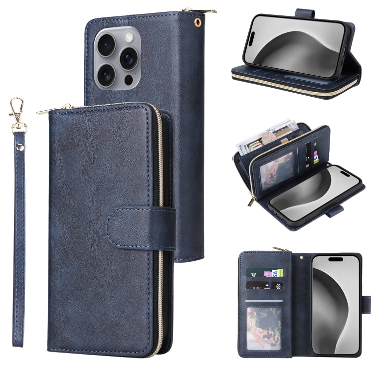 For iPhone 16 Pro Max 9 Card Slots Zipper Wallet Bag Leather Phone Case(Blue)