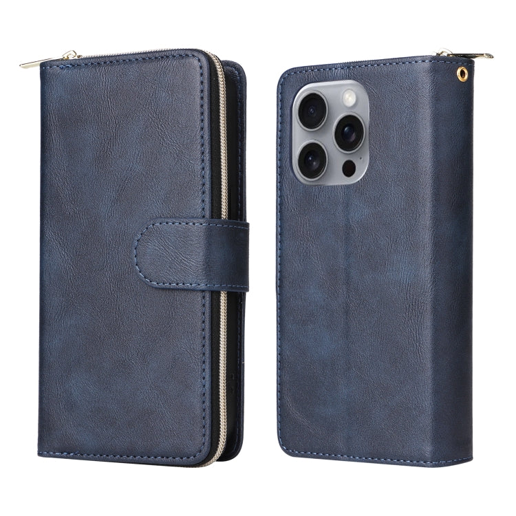 For iPhone 16 Pro Max 9 Card Slots Zipper Wallet Bag Leather Phone Case(Blue)