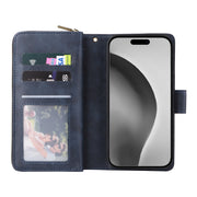 For iPhone 16 Pro Max 9 Card Slots Zipper Wallet Bag Leather Phone Case(Blue)