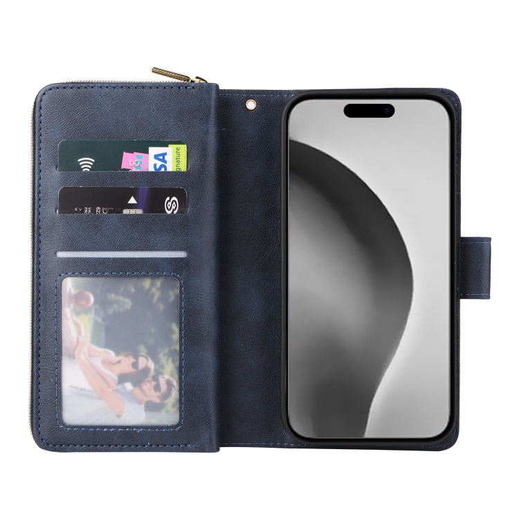 For iPhone 16 Pro Max 9 Card Slots Zipper Wallet Bag Leather Phone Case(Blue)