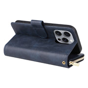 For iPhone 16 Pro Max 9 Card Slots Zipper Wallet Bag Leather Phone Case(Blue)