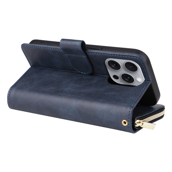 For iPhone 16 Pro Max 9 Card Slots Zipper Wallet Bag Leather Phone Case(Blue)