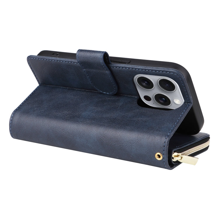 For iPhone 16 Pro Max 9 Card Slots Zipper Wallet Bag Leather Phone Case(Blue)