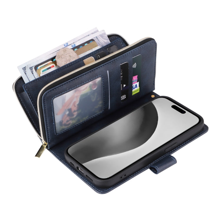 For iPhone 16 Pro Max 9 Card Slots Zipper Wallet Bag Leather Phone Case(Blue)