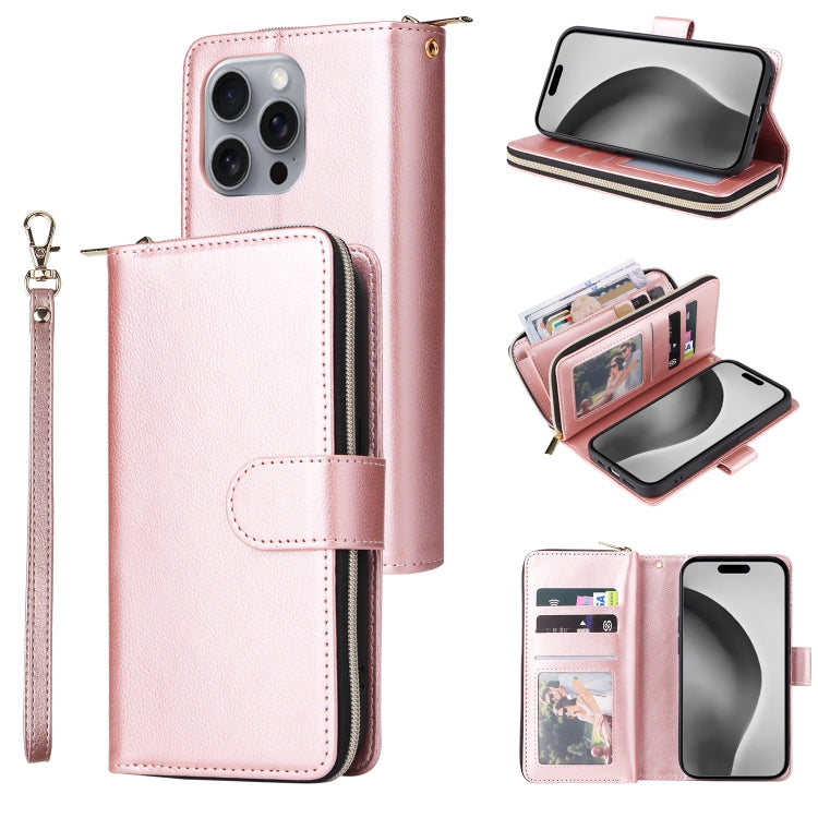For iPhone 16 Pro Max 9 Card Slots Zipper Wallet Bag Leather Phone Case(Rose Gold)