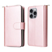 For iPhone 16 Pro Max 9 Card Slots Zipper Wallet Bag Leather Phone Case(Rose Gold)