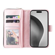 For iPhone 16 Pro Max 9 Card Slots Zipper Wallet Bag Leather Phone Case(Rose Gold)