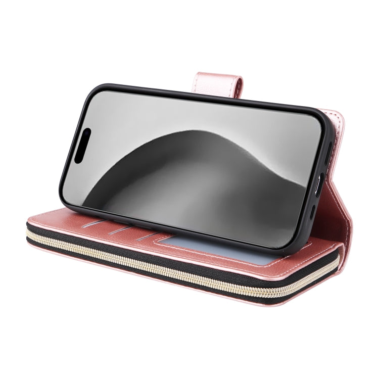 For iPhone 16 Pro Max 9 Card Slots Zipper Wallet Bag Leather Phone Case(Rose Gold)