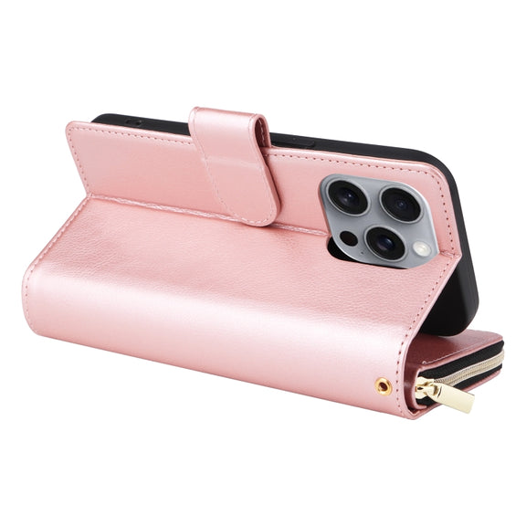 For iPhone 16 Pro Max 9 Card Slots Zipper Wallet Bag Leather Phone Case(Rose Gold)