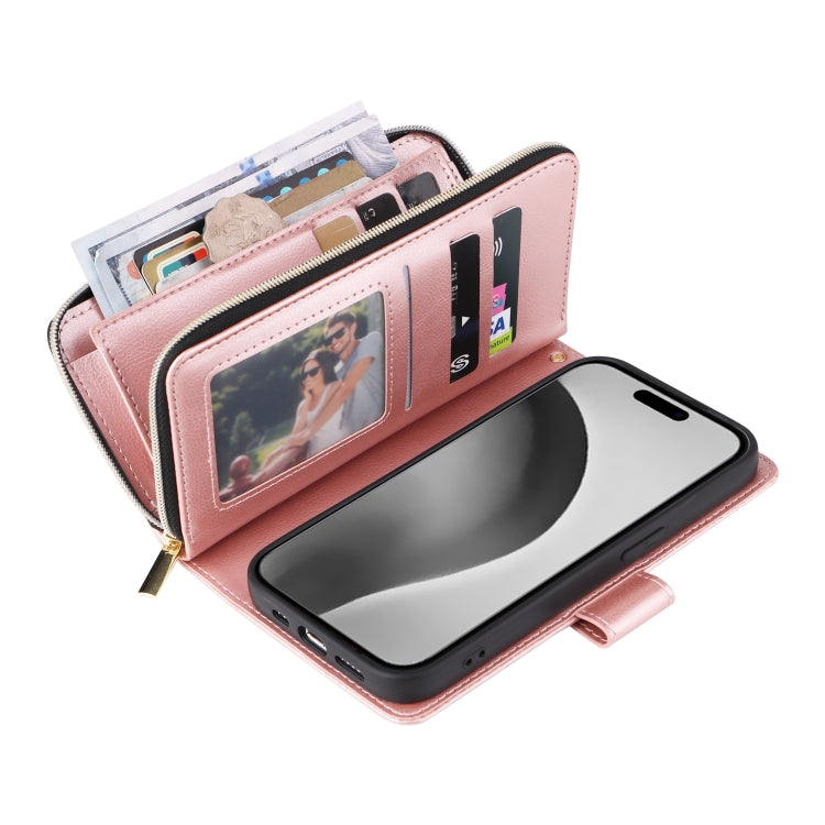 For iPhone 16 Pro Max 9 Card Slots Zipper Wallet Bag Leather Phone Case(Rose Gold)