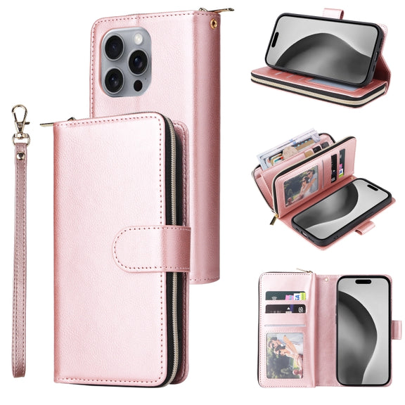 For iPhone 16 Pro Max 9 Card Slots Zipper Wallet Bag Leather Phone Case(Rose Gold)