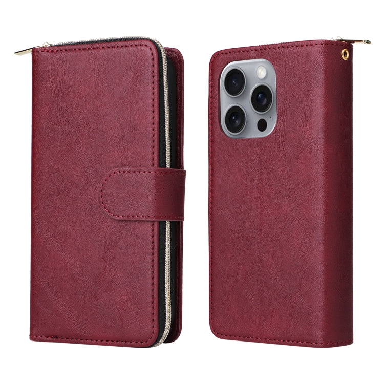 For iPhone 16 Pro Max 9 Card Slots Zipper Wallet Bag Leather Phone Case(Wine Red)