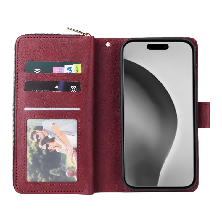 For iPhone 16 Pro Max 9 Card Slots Zipper Wallet Bag Leather Phone Case(Wine Red)