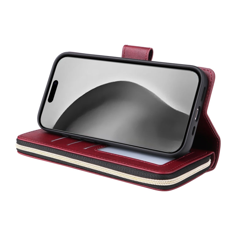 For iPhone 16 Pro Max 9 Card Slots Zipper Wallet Bag Leather Phone Case(Wine Red)