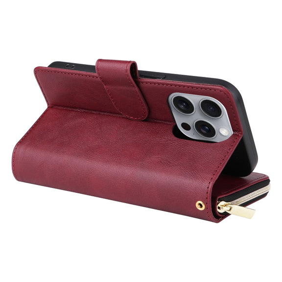 For iPhone 16 Pro Max 9 Card Slots Zipper Wallet Bag Leather Phone Case(Wine Red)