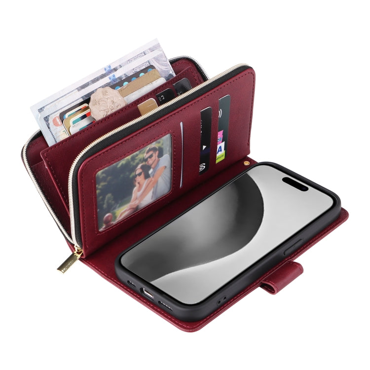 For iPhone 16 Pro Max 9 Card Slots Zipper Wallet Bag Leather Phone Case(Wine Red)