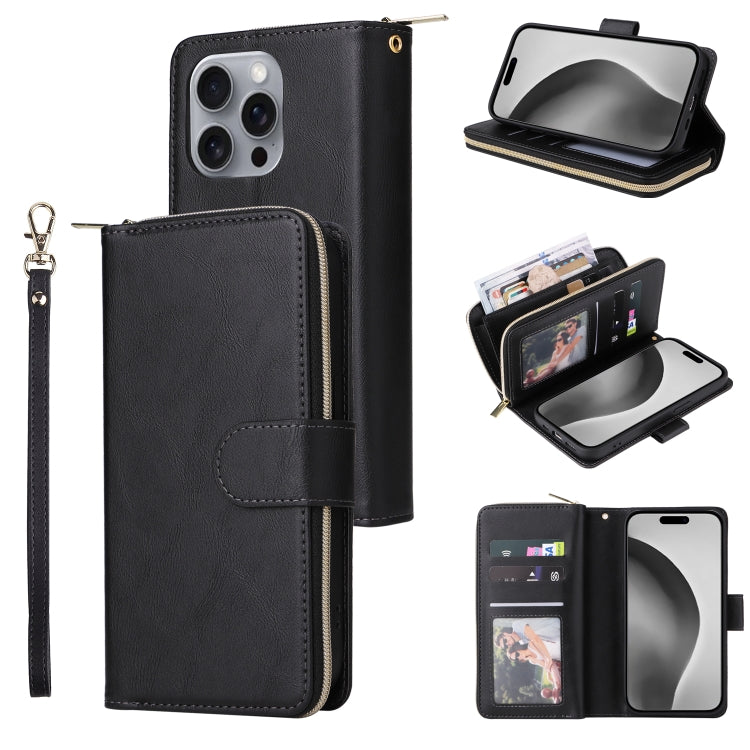For iPhone 16 Pro Max 9 Card Slots Zipper Wallet Bag Leather Phone Case(Black)
