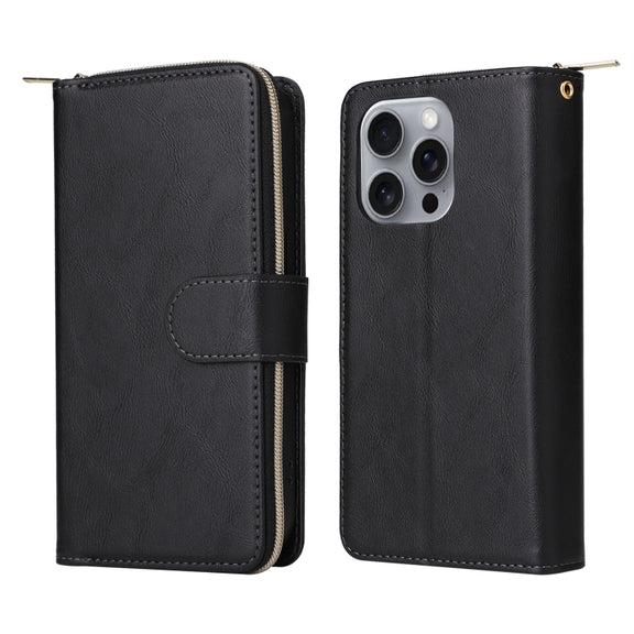 For iPhone 16 Pro Max 9 Card Slots Zipper Wallet Bag Leather Phone Case(Black)