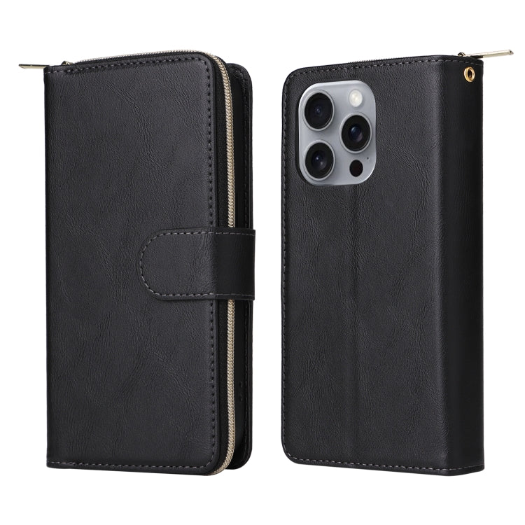 For iPhone 16 Pro Max 9 Card Slots Zipper Wallet Bag Leather Phone Case(Black)