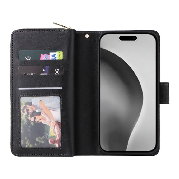 For iPhone 16 Pro Max 9 Card Slots Zipper Wallet Bag Leather Phone Case(Black)
