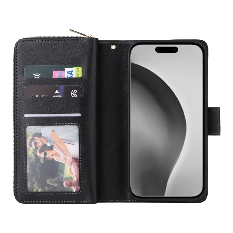 For iPhone 16 Pro Max 9 Card Slots Zipper Wallet Bag Leather Phone Case(Black)
