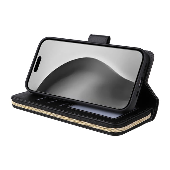 For iPhone 16 Pro Max 9 Card Slots Zipper Wallet Bag Leather Phone Case(Black)