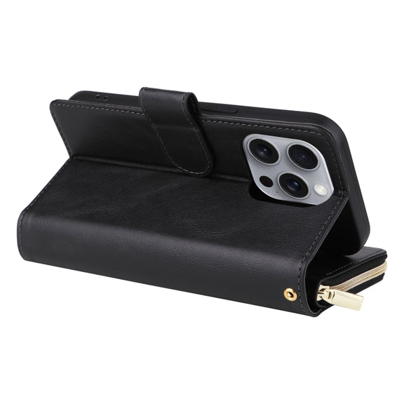 For iPhone 16 Pro Max 9 Card Slots Zipper Wallet Bag Leather Phone Case(Black)