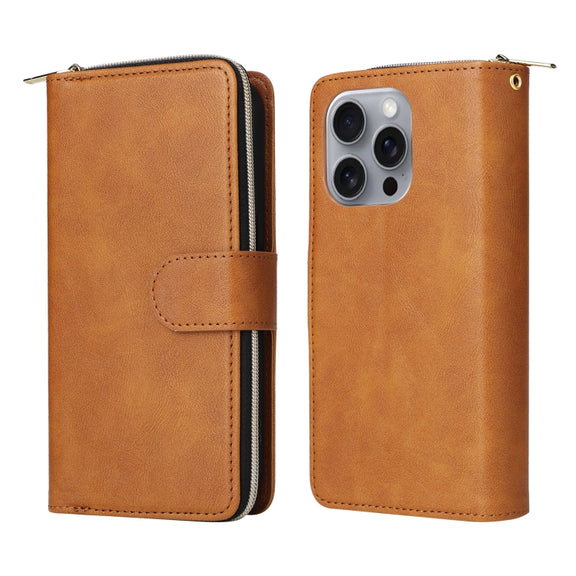 For iPhone 16 Pro Max 9 Card Slots Zipper Wallet Bag Leather Phone Case(Brown)