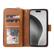 For iPhone 16 Pro Max 9 Card Slots Zipper Wallet Bag Leather Phone Case(Brown)