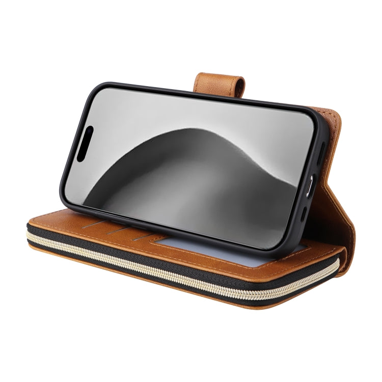 For iPhone 16 Pro Max 9 Card Slots Zipper Wallet Bag Leather Phone Case(Brown)