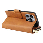 For iPhone 16 Pro Max 9 Card Slots Zipper Wallet Bag Leather Phone Case(Brown)