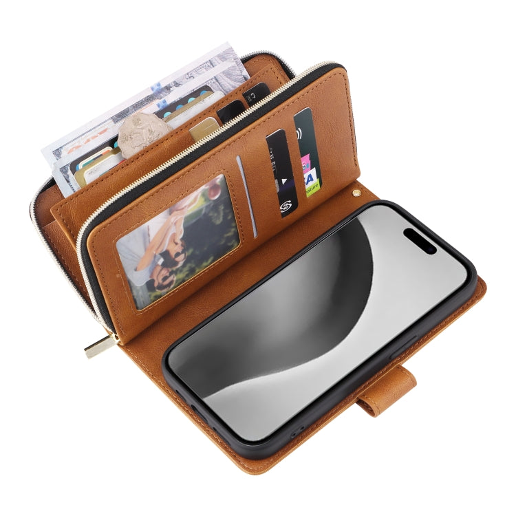 For iPhone 16 Pro Max 9 Card Slots Zipper Wallet Bag Leather Phone Case(Brown)