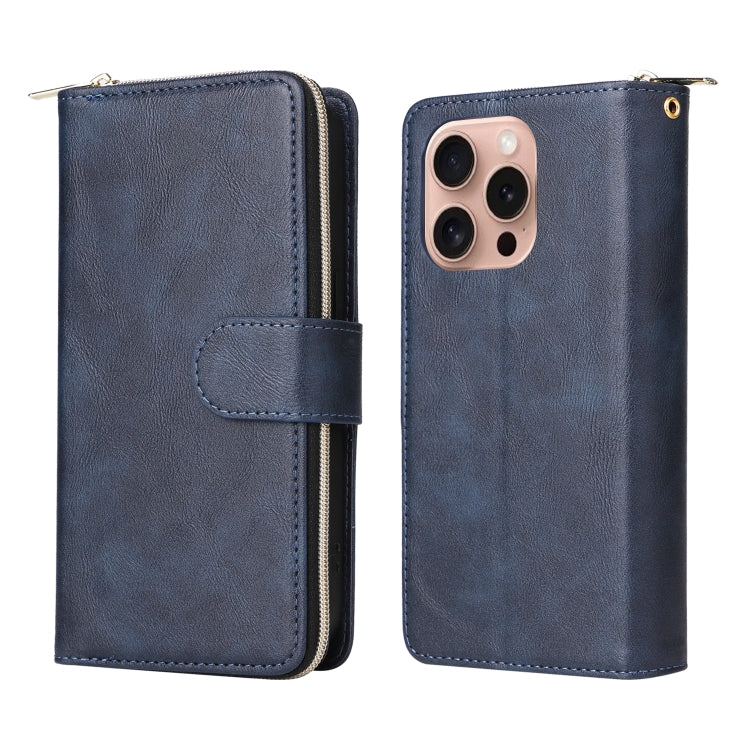 For iPhone 16 Pro 9 Card Slots Zipper Wallet Bag Leather Phone Case(Blue)