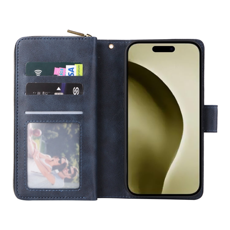 For iPhone 16 Pro 9 Card Slots Zipper Wallet Bag Leather Phone Case(Blue)