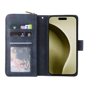 For iPhone 16 Pro 9 Card Slots Zipper Wallet Bag Leather Phone Case(Blue)