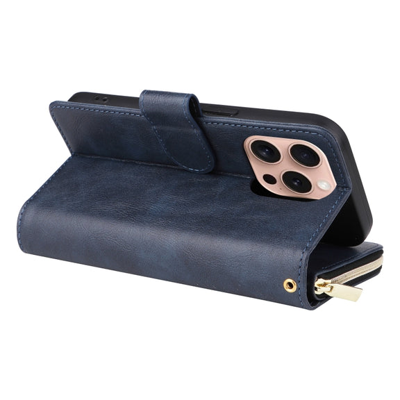 For iPhone 16 Pro 9 Card Slots Zipper Wallet Bag Leather Phone Case(Blue)