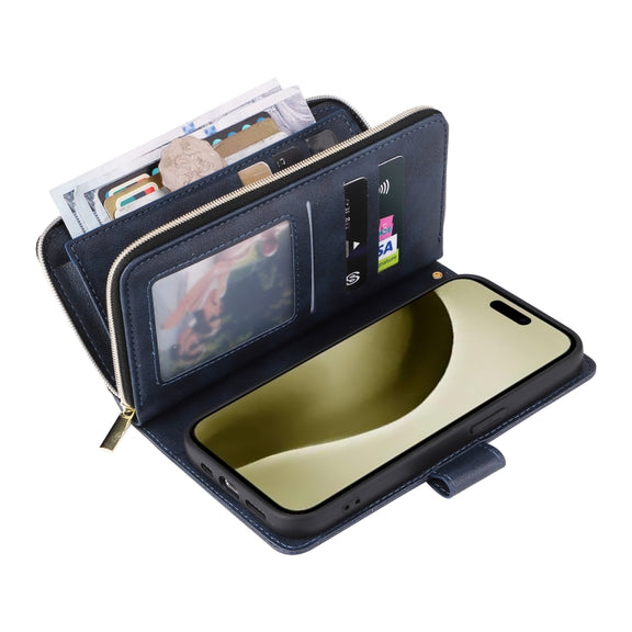 For iPhone 16 Pro 9 Card Slots Zipper Wallet Bag Leather Phone Case(Blue)
