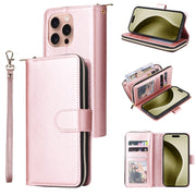 For iPhone 16 Pro 9 Card Slots Zipper Wallet Bag Leather Phone Case(Rose Gold)