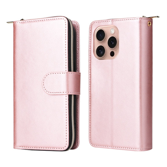 For iPhone 16 Pro 9 Card Slots Zipper Wallet Bag Leather Phone Case(Rose Gold)
