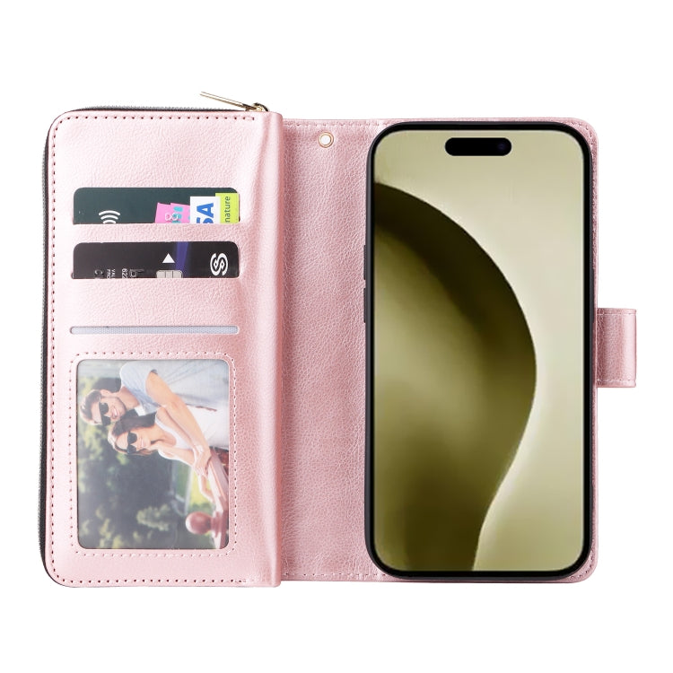 For iPhone 16 Pro 9 Card Slots Zipper Wallet Bag Leather Phone Case(Rose Gold)