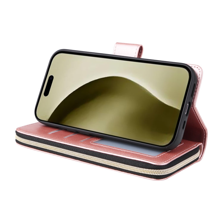For iPhone 16 Pro 9 Card Slots Zipper Wallet Bag Leather Phone Case(Rose Gold)