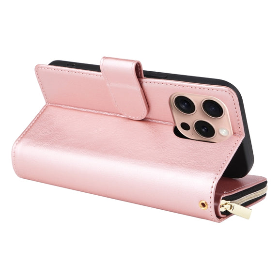 For iPhone 16 Pro 9 Card Slots Zipper Wallet Bag Leather Phone Case(Rose Gold)