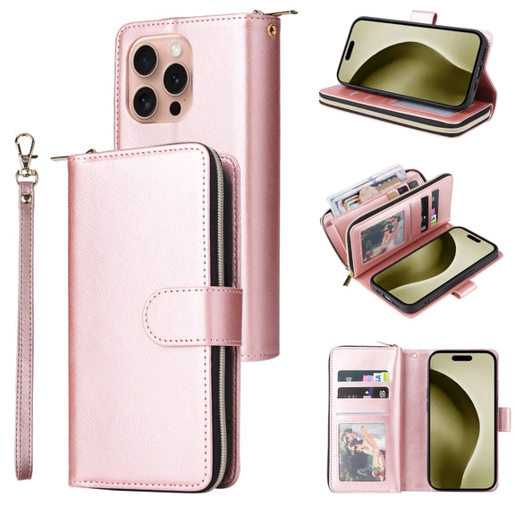 For iPhone 16 Pro 9 Card Slots Zipper Wallet Bag Leather Phone Case(Rose Gold)